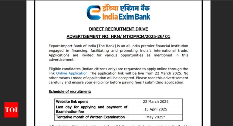 EXIM Bank recruitment 2025 notification released: Check vacancies, important dates, steps to apply and salary structure