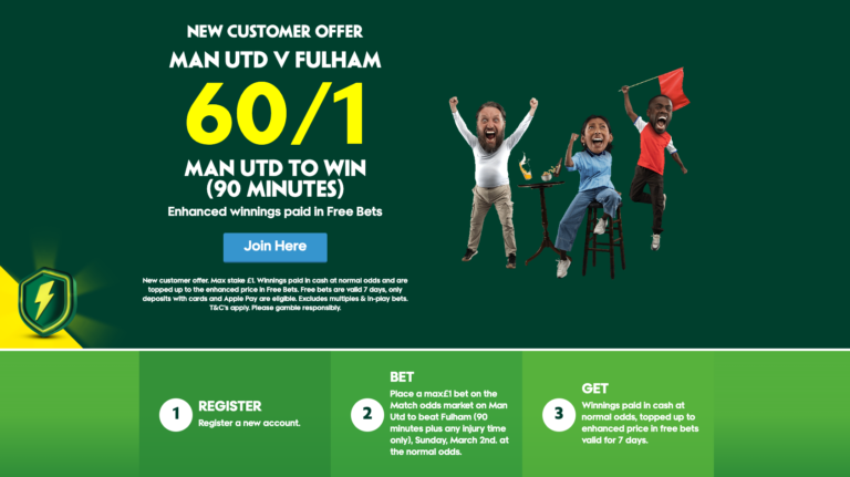 Paddy Power new Customer Offer – Get 60/1 On Man Utd To Win vs Fulham In 90 Minutes