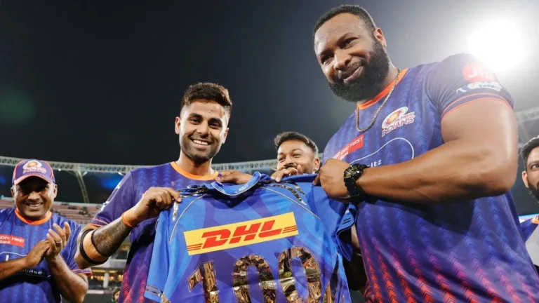 Suryakumar Yadav receives special jersey from Kieron Pollard after joining 100 matches club for MI Suryakumar Yadav receives special jersey from Kieron Pollard after joining 100 matches club for MI