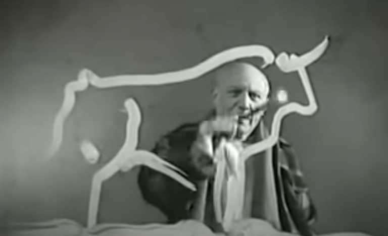 Watch Pablo Picasso’s Creative Process Unfold in Real-Time: Rare Footage Shows Him Creating Drawings of Faces, Bulls & Chickens