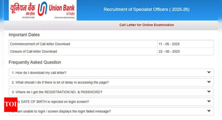 Union Bank SO admit card 2025 released at unionbankofindia.co.in for June 22 exam; download here