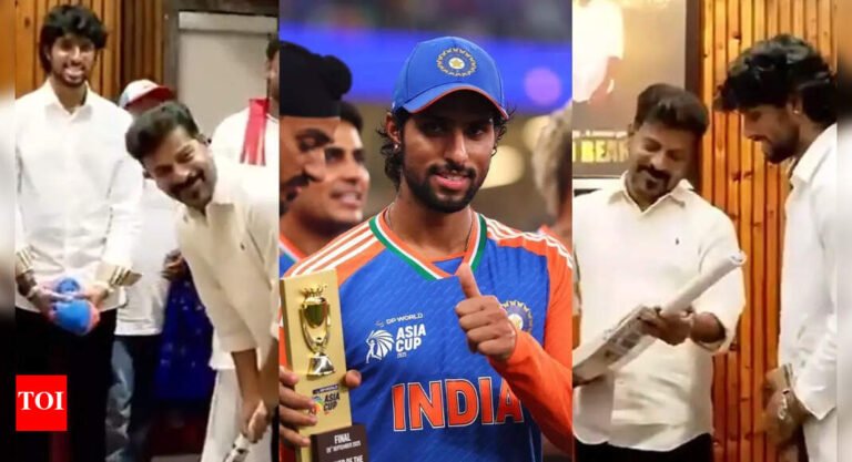 Asia Cup: Tilak Varma honoured by Telangana CM Revanth Reddy, presents bat to Chief Minister | Cricket News