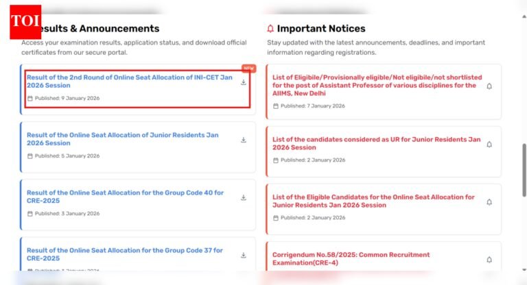 AIIMS INI CET January 2026 counselling round 2 seat allotment result released: Direct link to download here