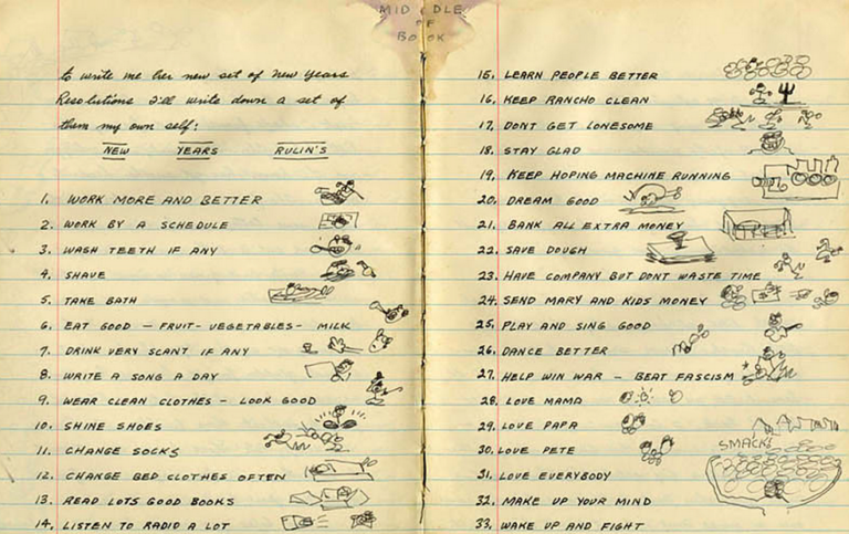 Woody Guthrie Creates a Doodle-Filled List of 33 New Year’s Resolutions (1943): Beat Fascism, Write a Song a Day, and Keep the Hoping Machine Running