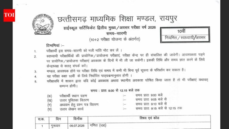 CGBSE supplementary exam 2026: Chhattisgarh Board releases Class 10, 12 second Main timetable