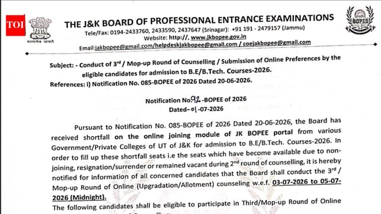 JKCET 2026 round 3 counselling begins at jkbopee.gov.in: Check complete details here JKCET 2026 round 3 counselling begins at jkbopee.gov.in: Check complete details here