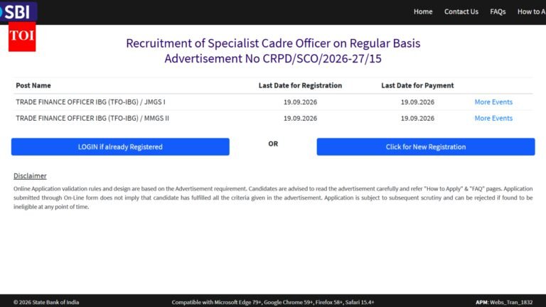 SBI recruitment 2026: Registration underway for Trade Finance Officer posts; check eligibility, direct link to apply